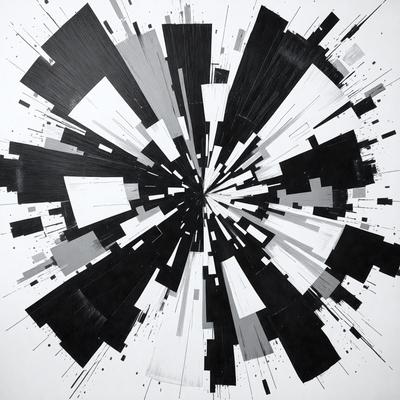 The primary subject of the image is a black and white artwork, possibly a painting or a drawing, featuring a central circle with a black hole in the middle. The setting is a white background, which contrasts with the artwork, emphasizing its details. The visual style is a mix of digital art and traditional painting, creating a unique and intriguing composition. The colors and mood of the artwork are predominantly black and white, giving it a dramatic and mysterious atmosphere.